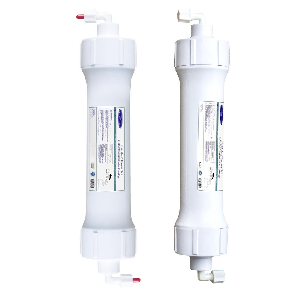 Crystal Quest inline granular activated coconut shell carbon gac filter cartridge ,Two white water filter cartridges on a white background
