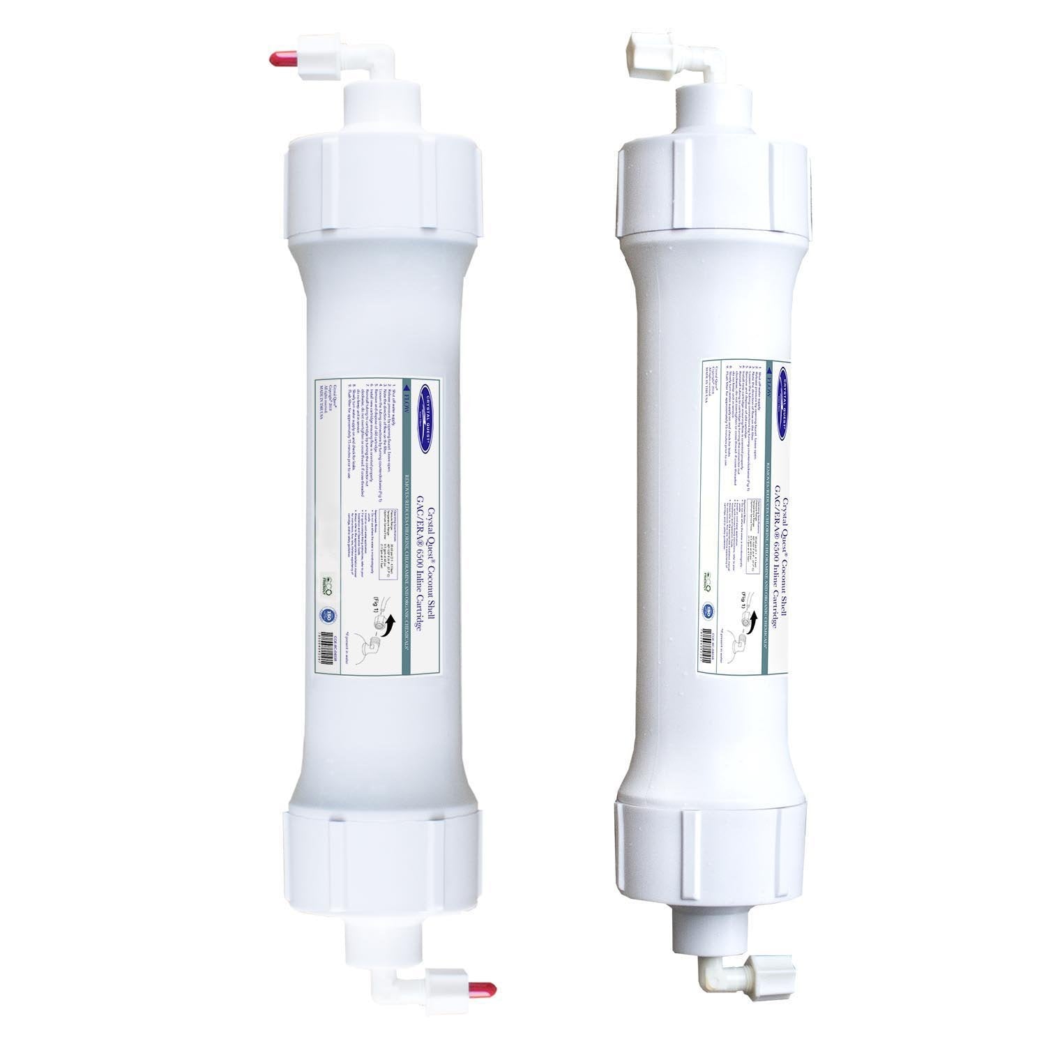 Crystal Quest inline granular activated coconut shell carbon gac filter cartridge ,Two white water filter cartridges on a white background