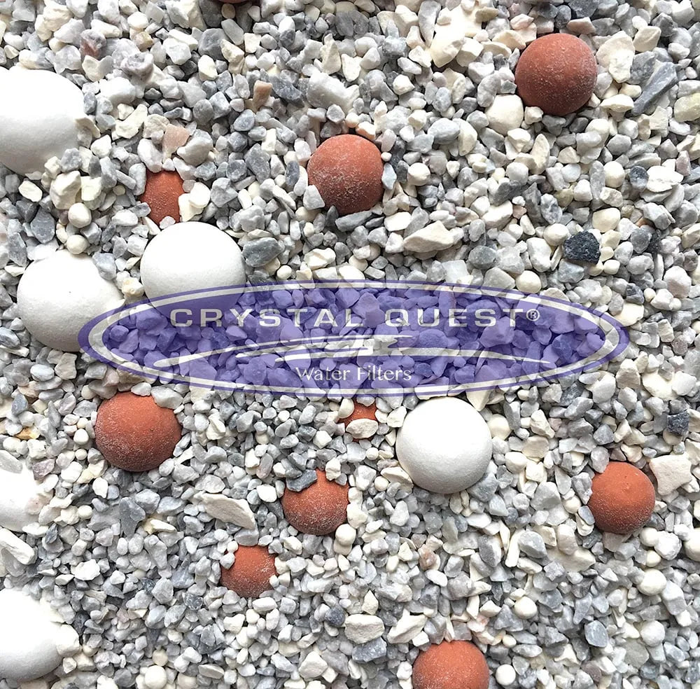 Crystal Quest Ionizer Multimedia: Natural mineral blend of white ceramic, red tourmaline, and grey infra-red balls.