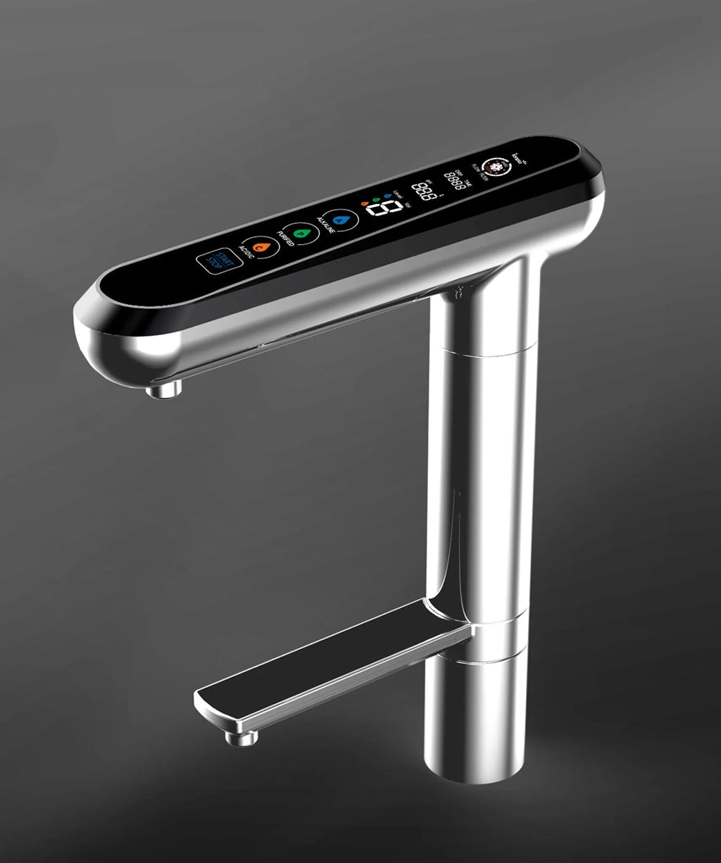 Water for Life Angled view of the  IonPlus UD-3000 digital water ionizer faucet with touch controls and two dispensing outlets.