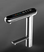 Water for Life Angled view of the  IonPlus UD-3000 digital water ionizer faucet with touch controls and two dispensing outlets.