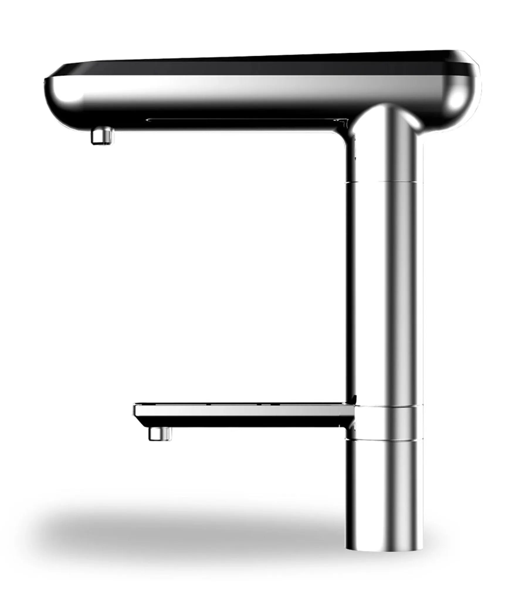Water For life Side view of the IonPlus UD-3000 digital water ionizer faucet showing its chrome finish and two dispensing outlets