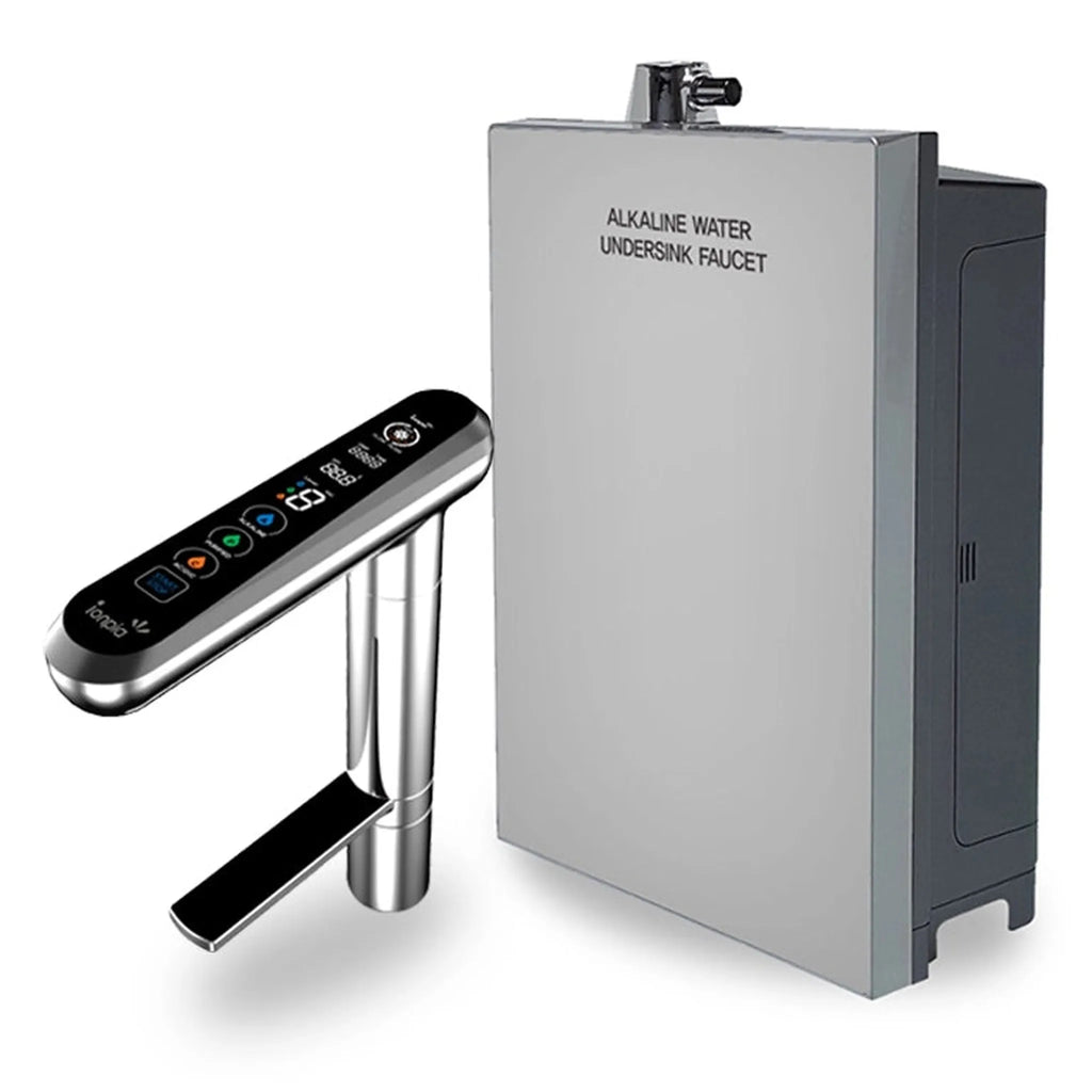 Water for Life IonPlus UD-3000 under-sink alkaline water ionizer system with digital control faucet and main treatment unit.