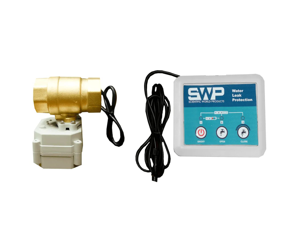 Crystal Quest 1" brass leak detector smart valve with white control unit for whole house water filters.