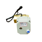 Crystal Quest 1" brass motorized leak detector smart valve with white control box and black cable.