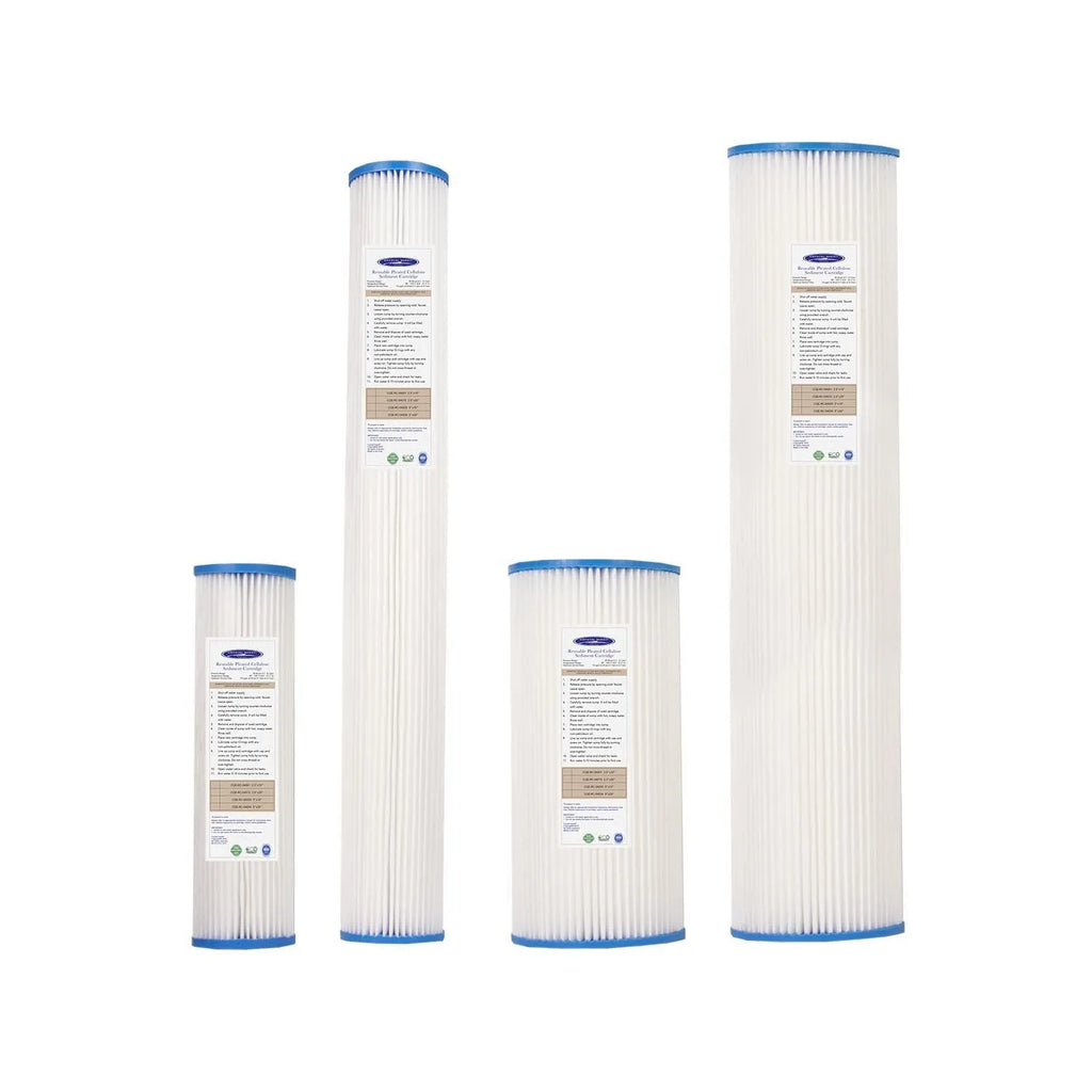 Crystal Quest pleated cellulose sediment cartridges in various sizes with blue end caps.