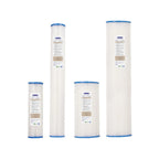 Crystal Quest pleated cellulose sediment cartridges in various sizes with blue end caps.