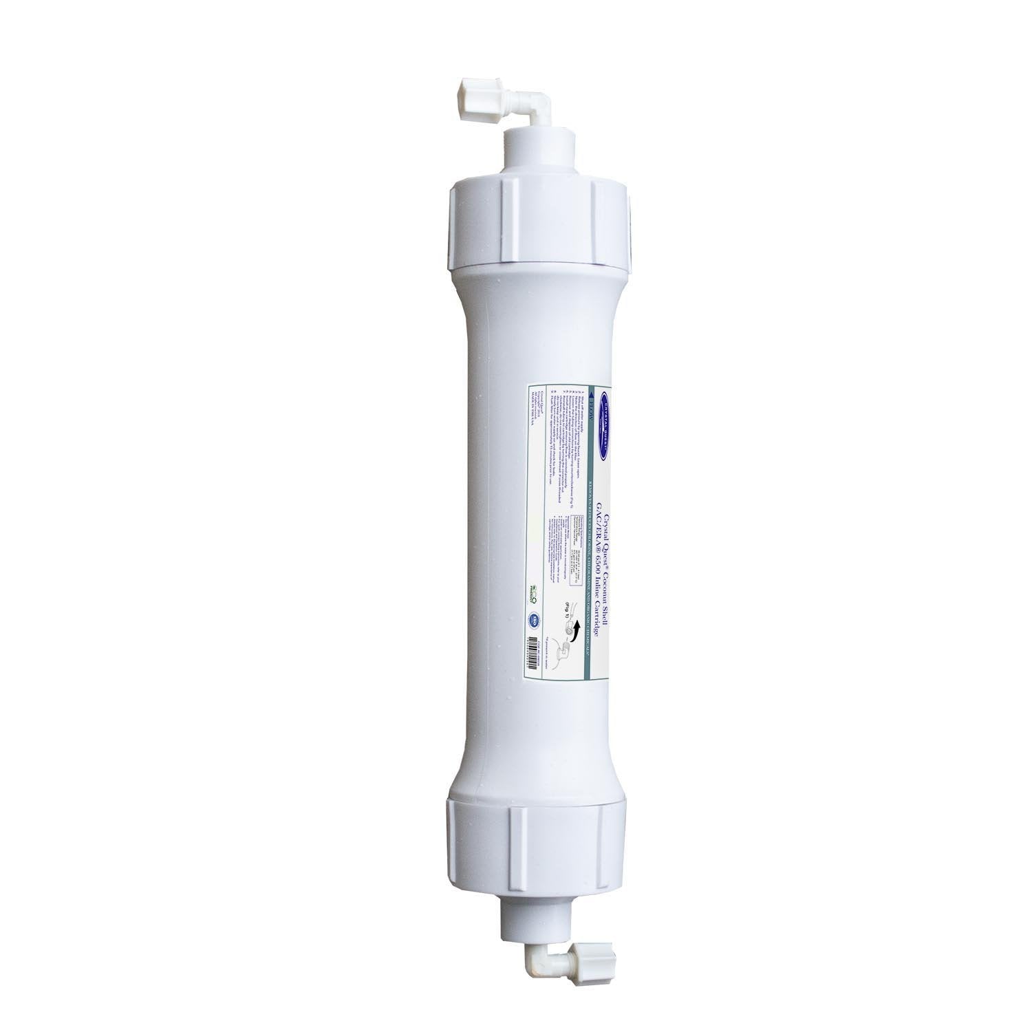 crystal quest quick connect inline granular activated coconut shell carbon gac filter cartridge, White water filter cartridge on a white background