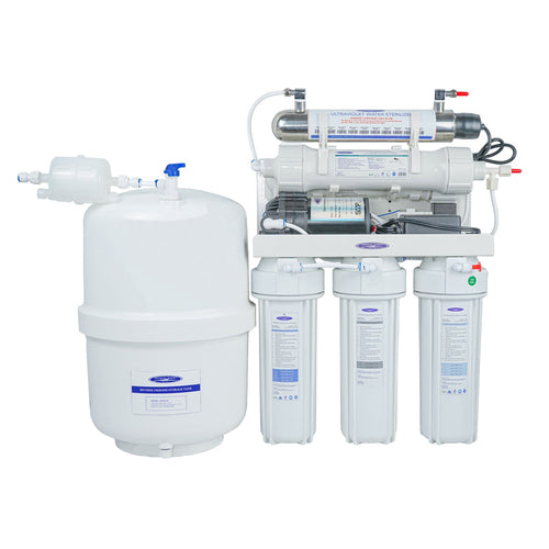 crystal quest 4000mp 17 stage reverse osmosis water filtration system with multiple cylindrical components on a white background