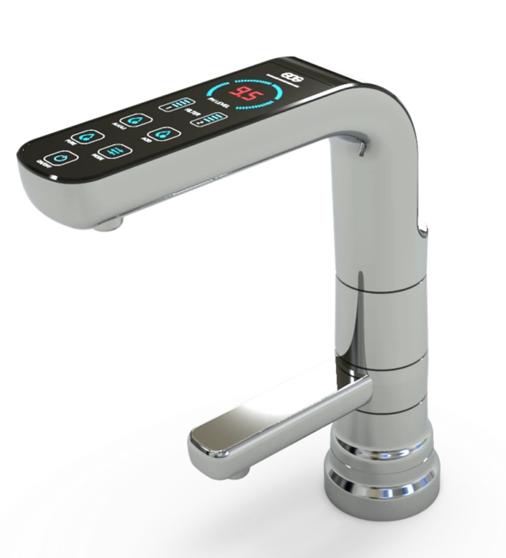 Water for Life Rio under-sink alkaline water ionizer digital faucet with pH display, touch controls, and dual water outlets.