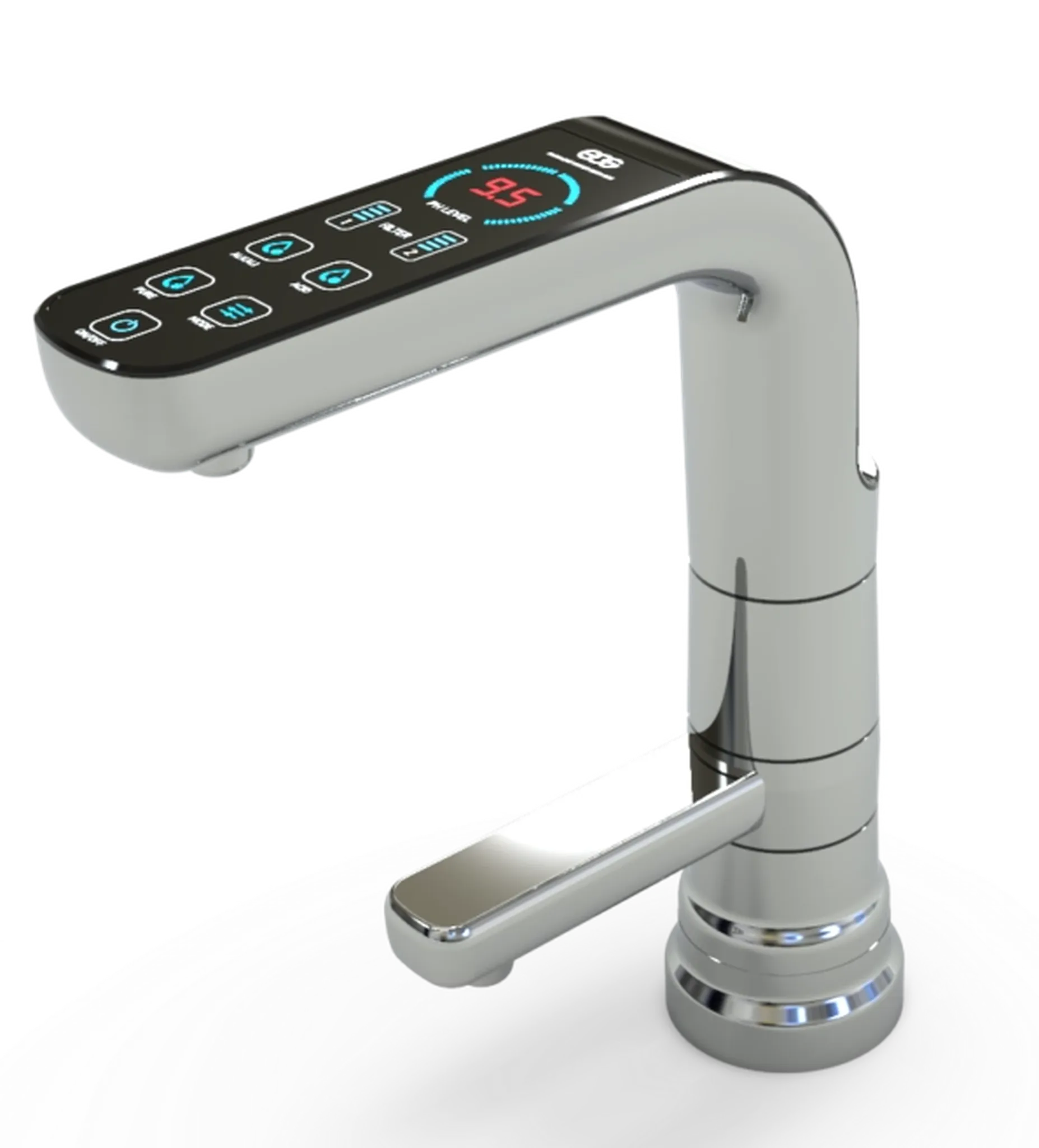Water for Life Rio under-sink alkaline water ionizer digital faucet with pH display, touch controls, and dual water outlets.