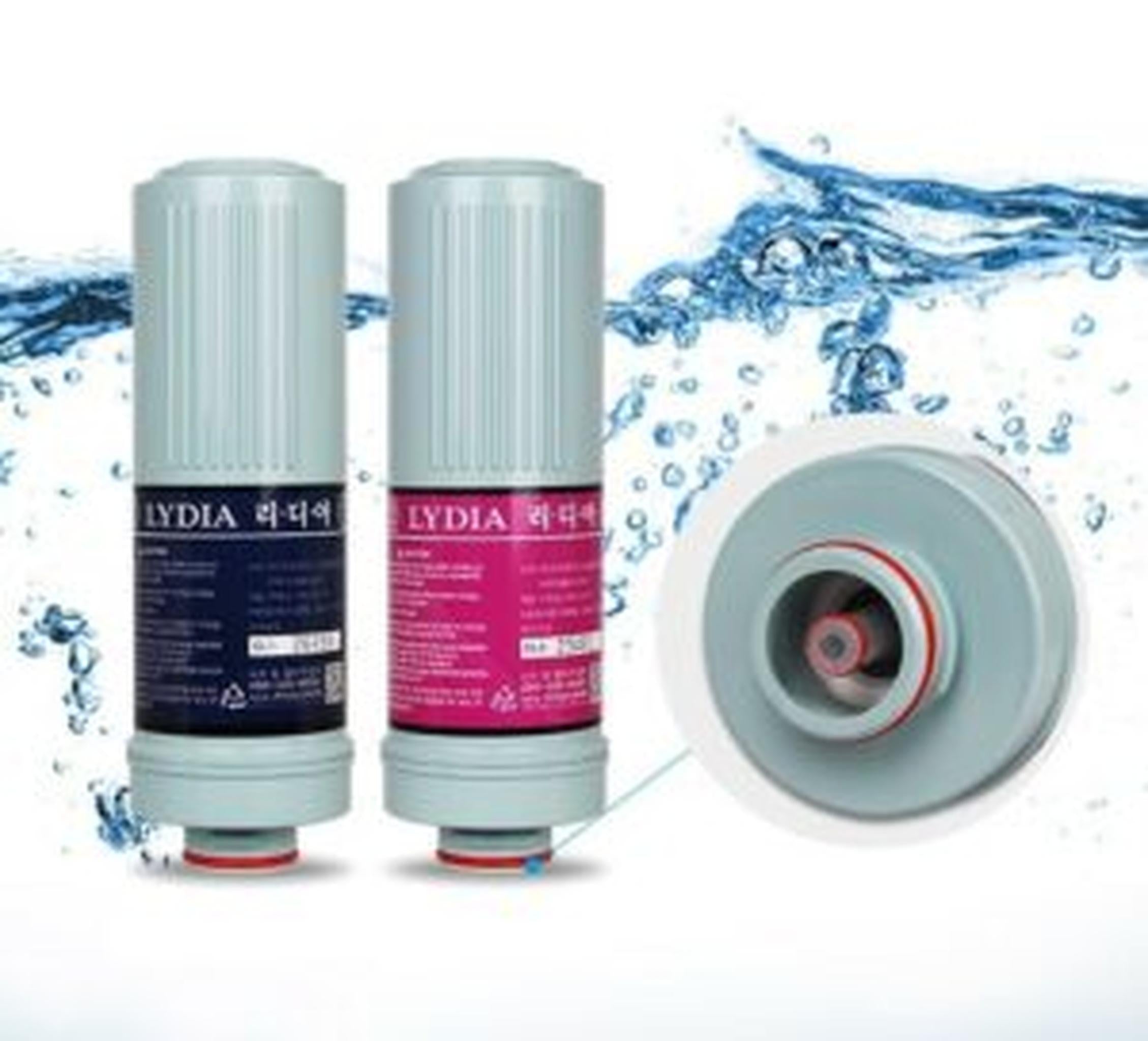 Water for Life Rio water ionizer replacement filter set showing two Lydia filter cartridges and the cartridge connection port.