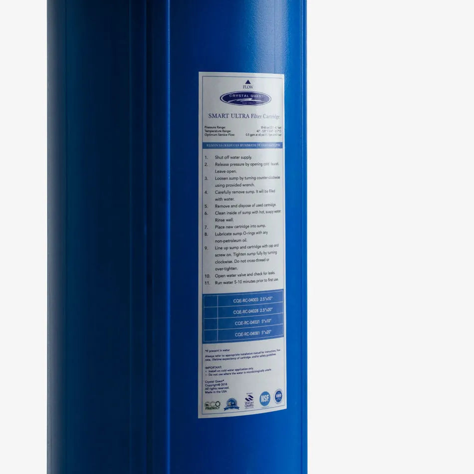 Crystal Quest SMART Ultra Filter Cartridge: blue, multi-stage water filter with detailed instructions.