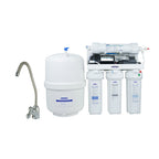 Crstal Quest 2000mp 19 stage with faucet Water filtration system with multiple filters and a faucet on a white background