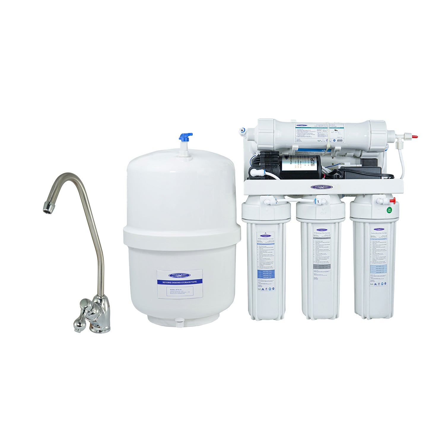 Crstal Quest 2000mp 19 stage with faucet Water filtration system with multiple filters and a faucet on a white background