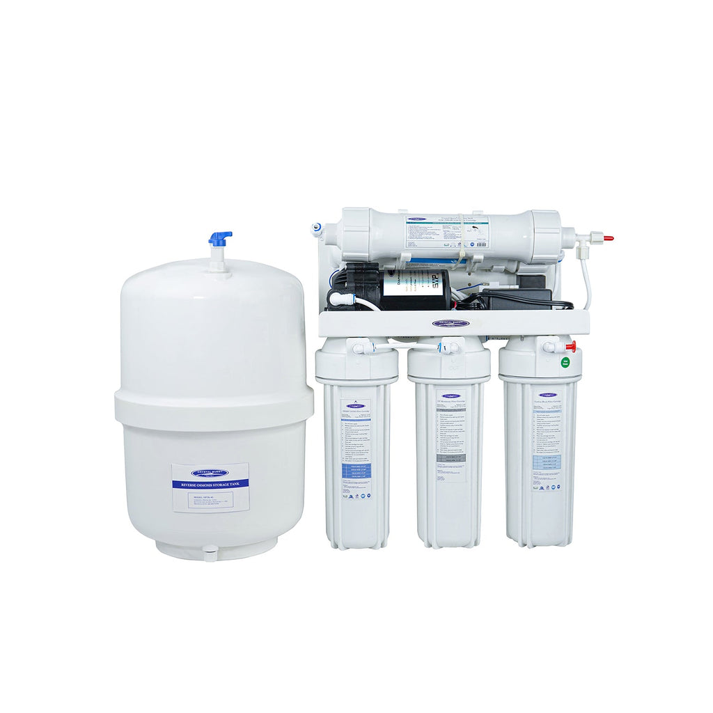 crystal quest 2000mp 16 stage no faucet reverse osmosis Water filtration system with multiple cylindrical components on a white background