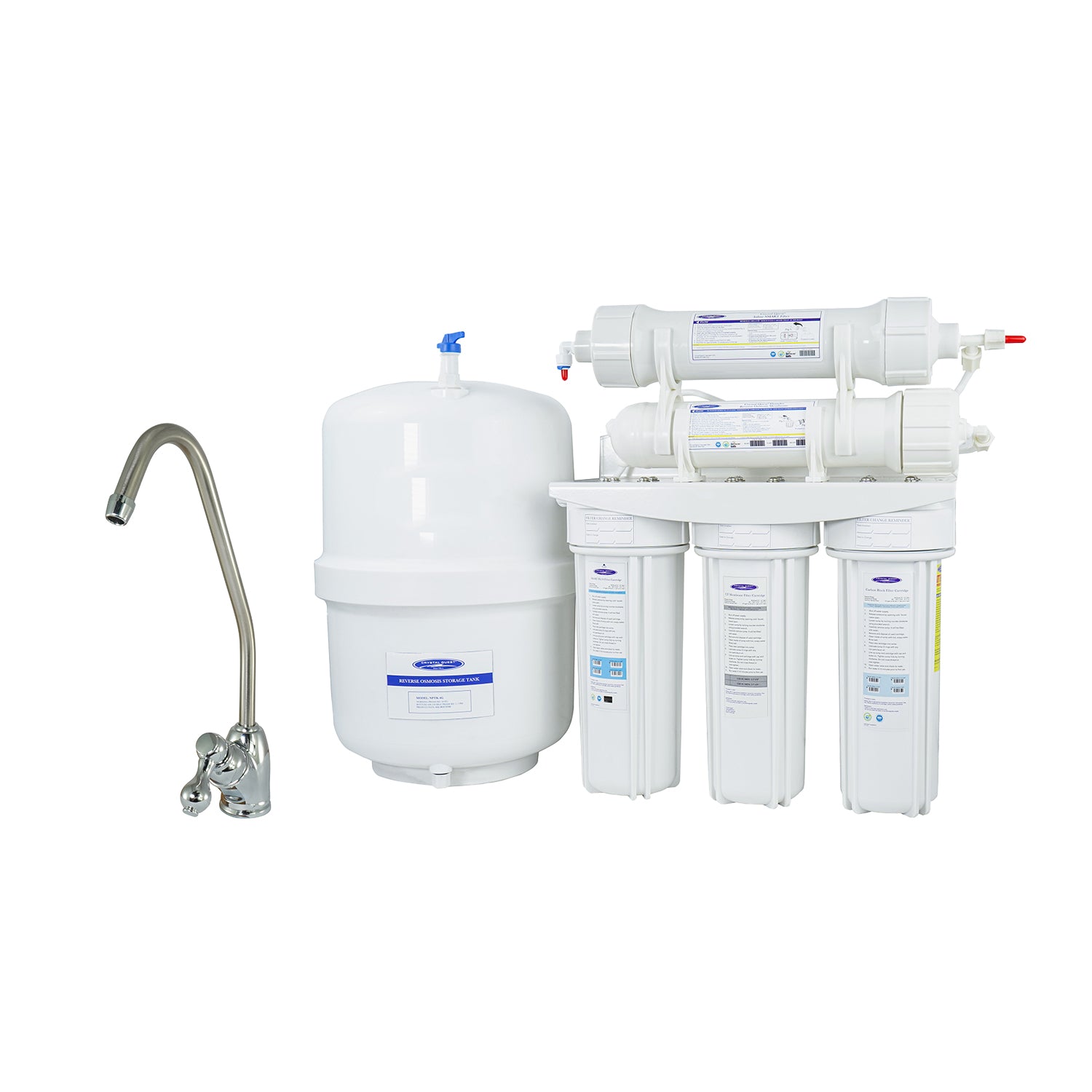crystal quest 3000m 16 stage reverse osmosis Water filtration system with multiple filters and a faucet on a white background
