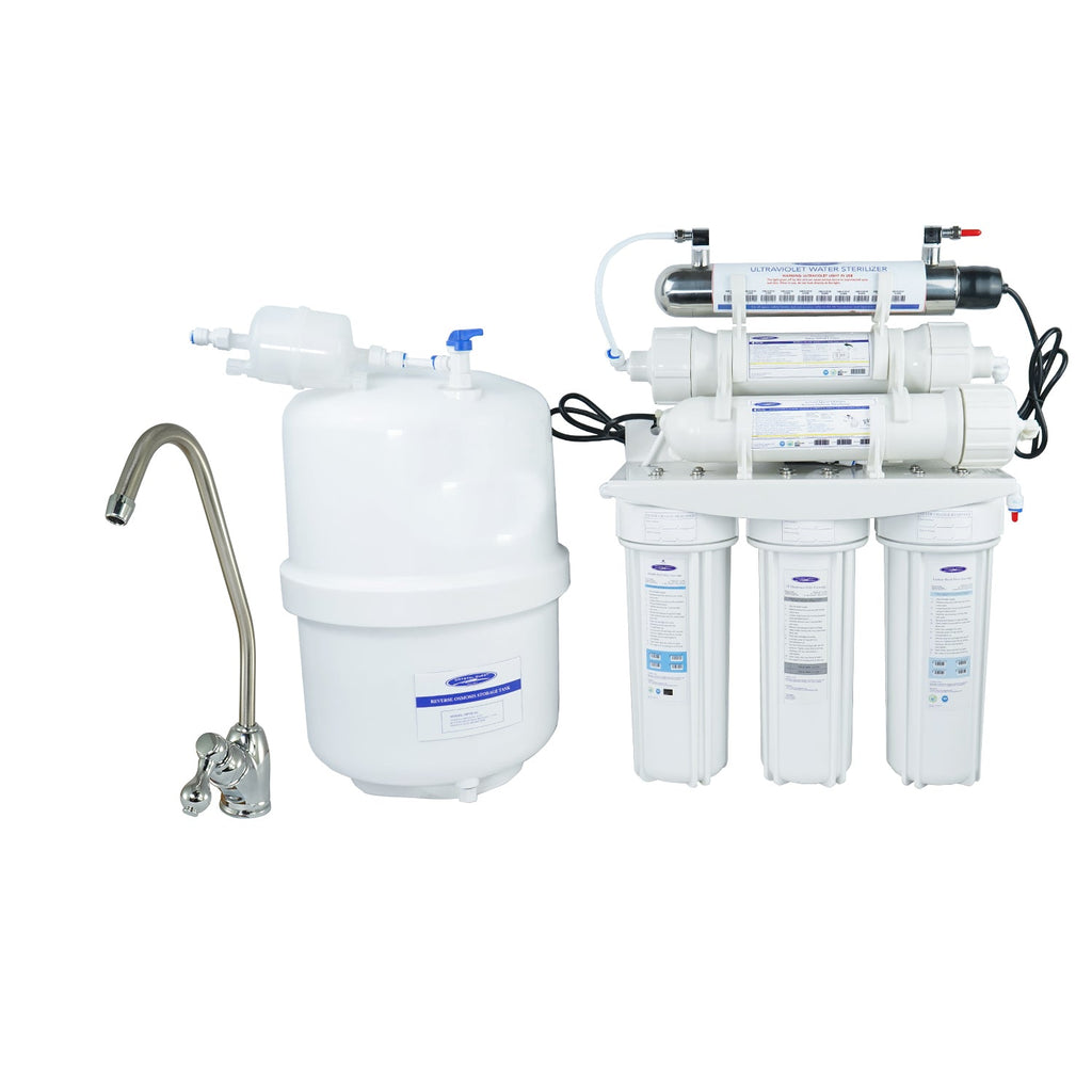 Crystal Quest 4000m 17 stage reverse osmosis water filtration system with multiple filters and a faucet on a white background