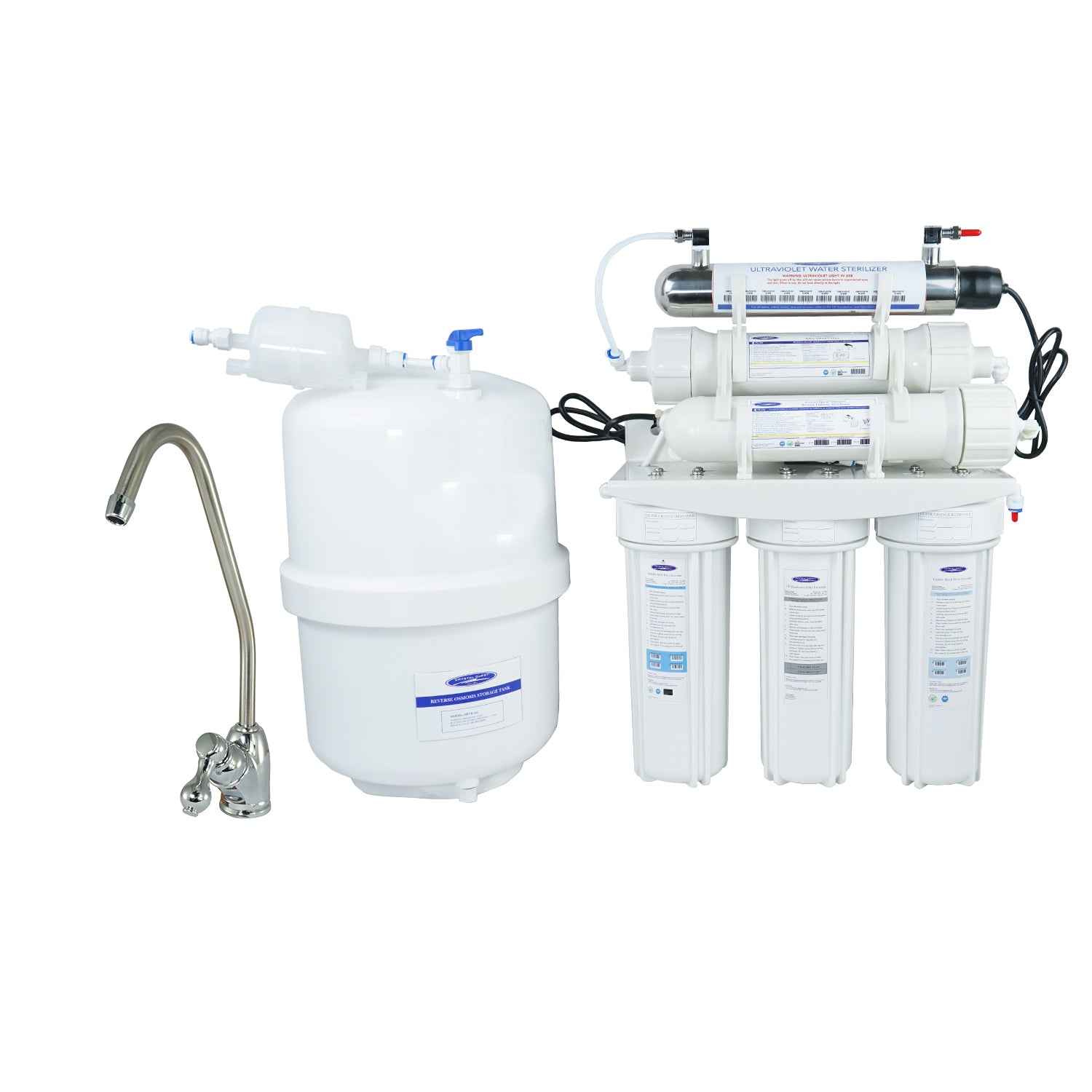 Crystal Quest 4000m 17 stage reverse osmosis water filtration system with multiple filters and a faucet on a white background