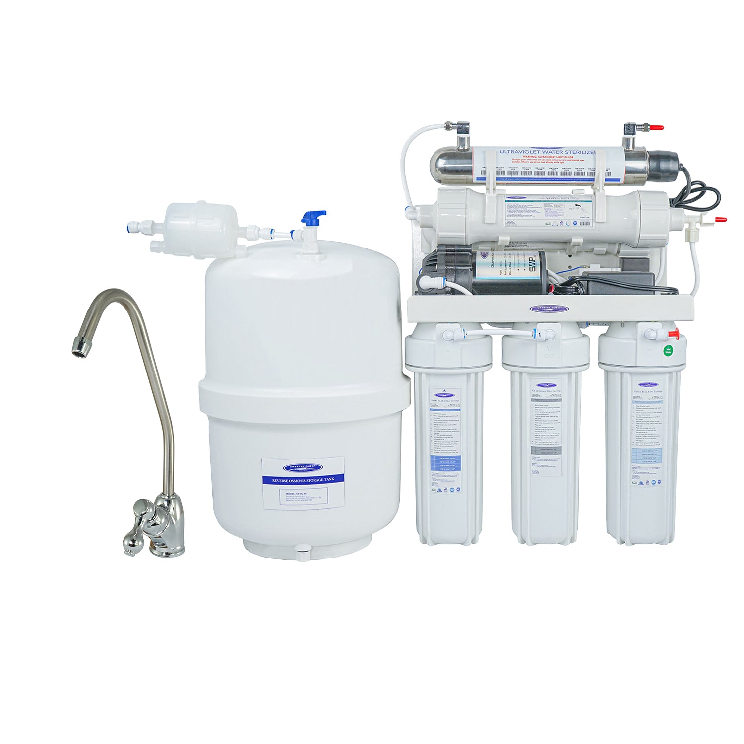 Crystal Quest 4000mp 17 stage reverse osmosis water filtration system with multiple filters and a faucet on a white background