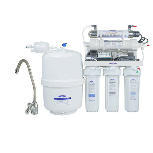 Crystal Quest 4000mp 17 stage reverse osmosis water filtration system with multiple filters and a faucet on a white background