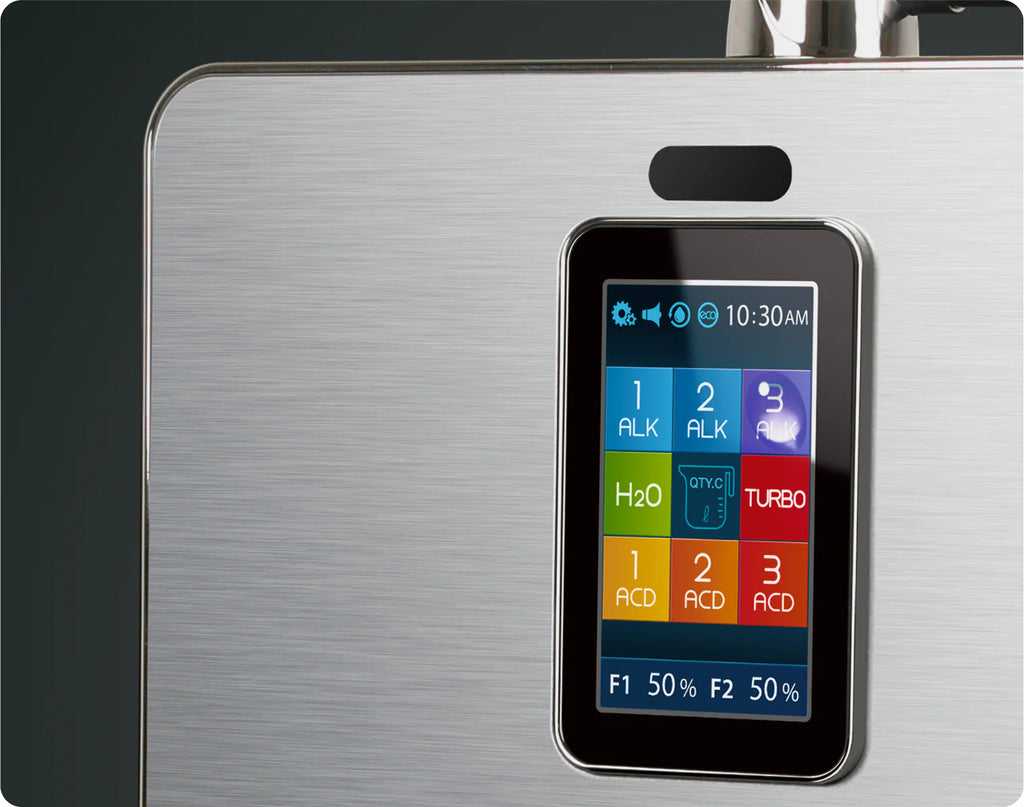 Tyent ACE-13 touchscreen display showing alkaline, H2O clean, acidic and turbo water modes
