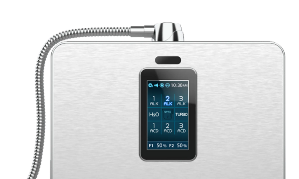 Tyent ACE-13 dark touchscreen display showing alkaline, H2O clean, acidic and turbo water settings
