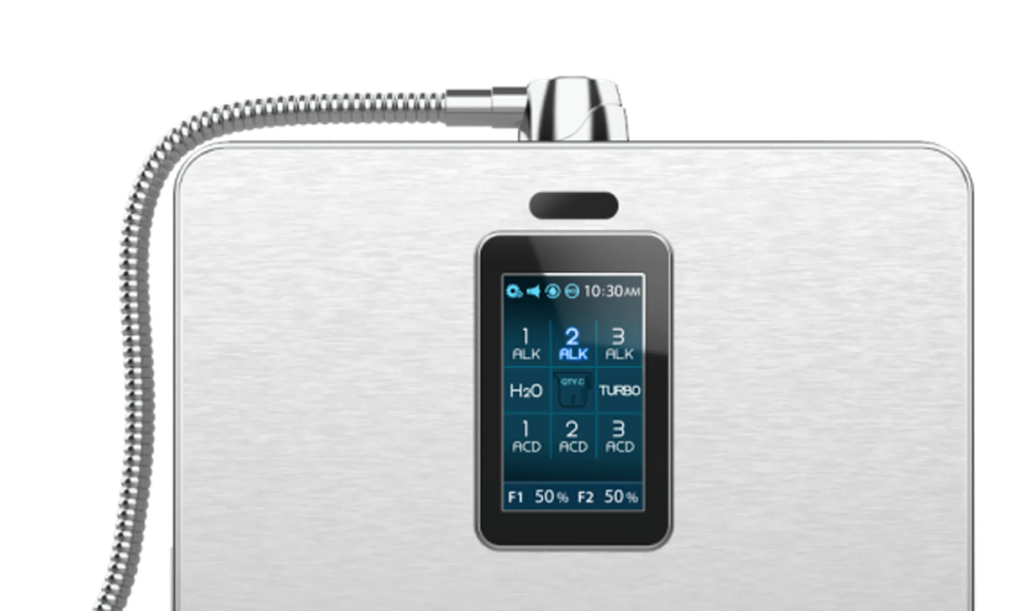 Tyent ACE-13 dark touchscreen display showing alkaline, H2O clean, acidic and turbo water settings
