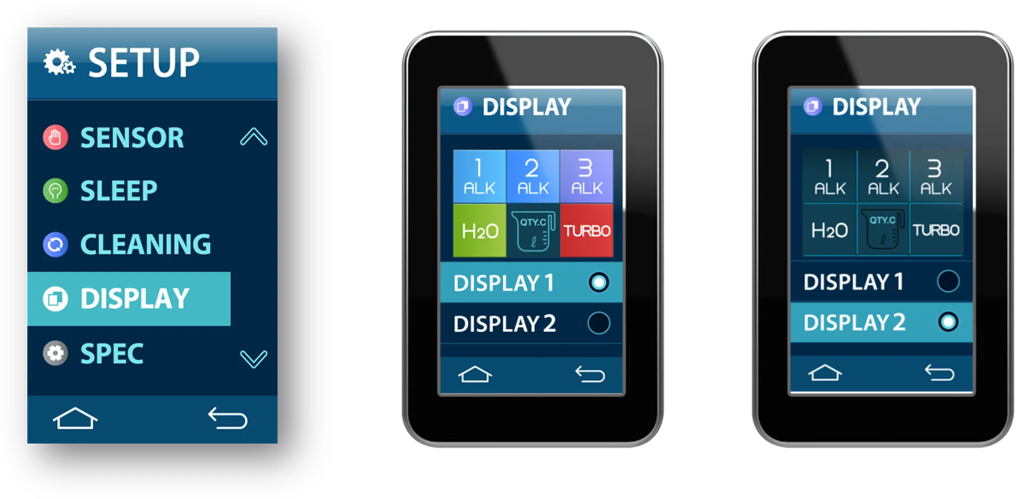 Tyent ACE-13 display settings screen with light and dark interface options
