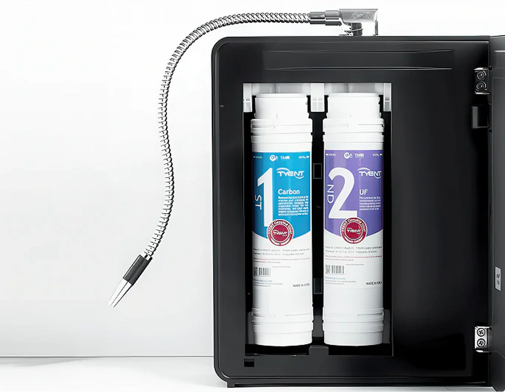 Tyent ACE-13 dual filter system with carbon and UF replacement filters inside the water ionizer
