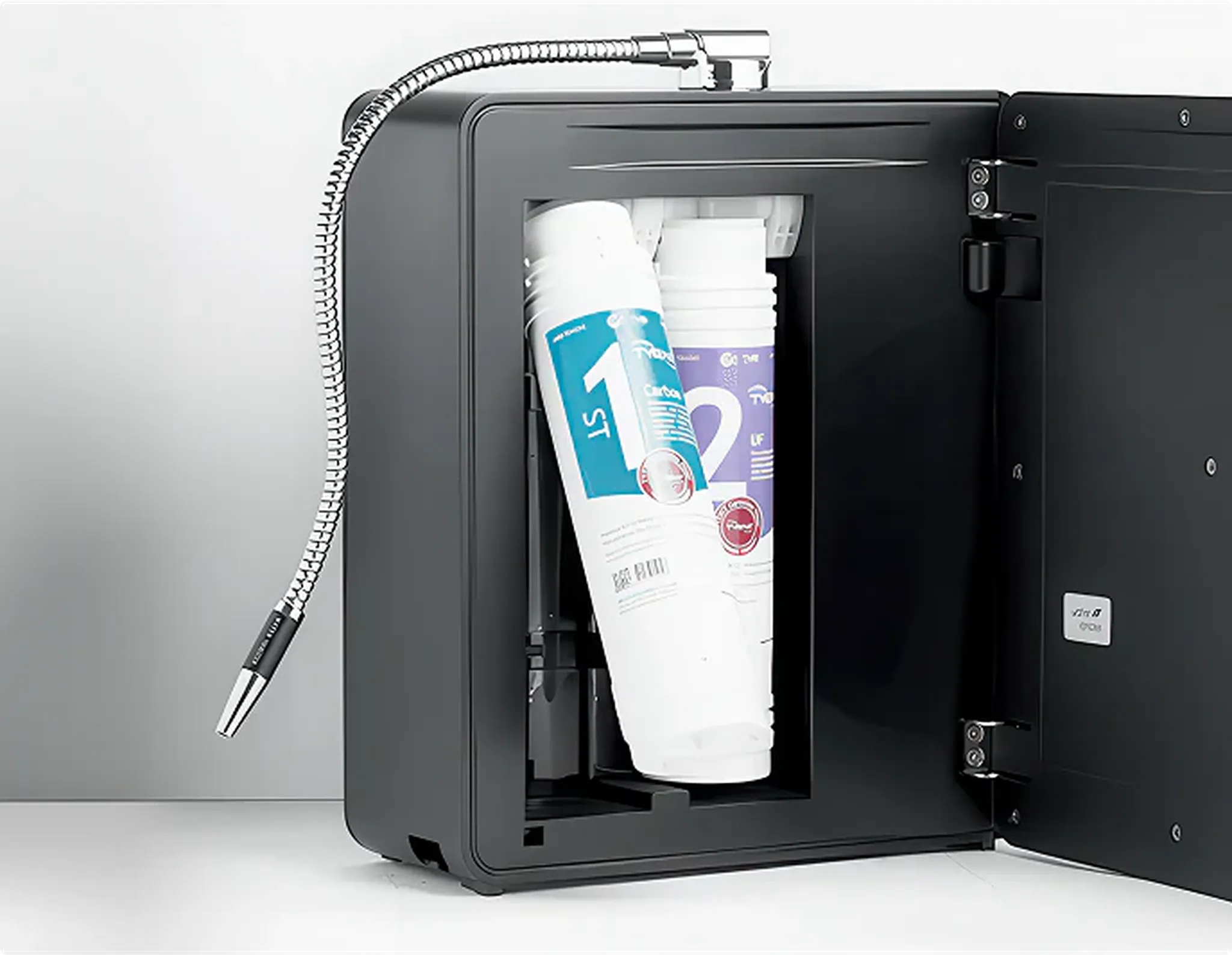 Tyent ACE-13 easy-load front filter compartment with replacement filter partially removed
