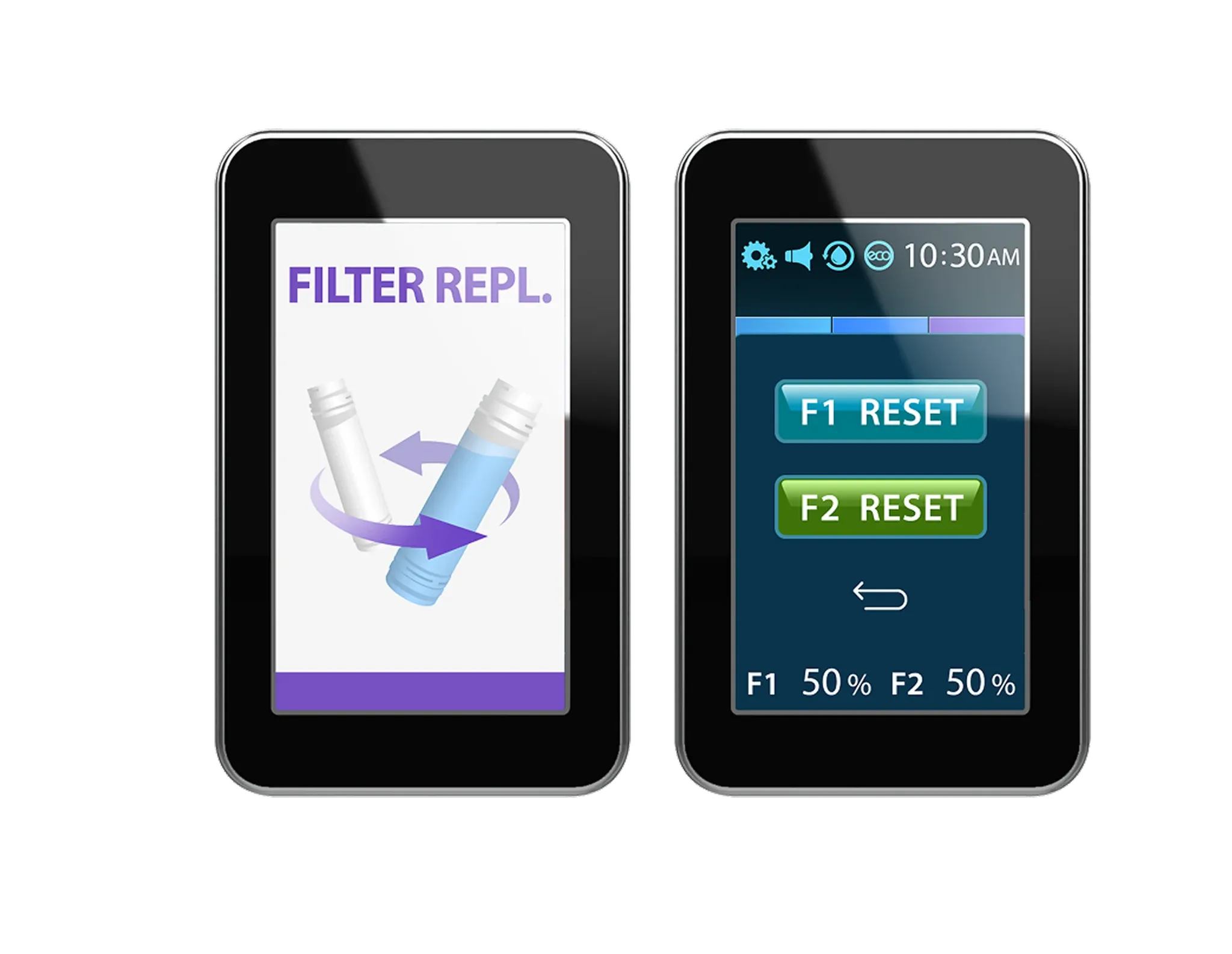 Tyent ACE-13 touchscreen filter replacement and F1 F2 reset display for maintenance tracking
