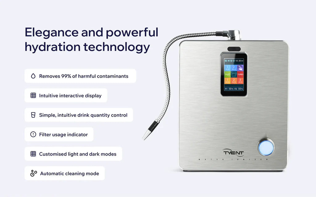 Tyent ACE-13 hydration technology graphic with interactive display, filter indicator, quantity control and automatic cleaning mode
