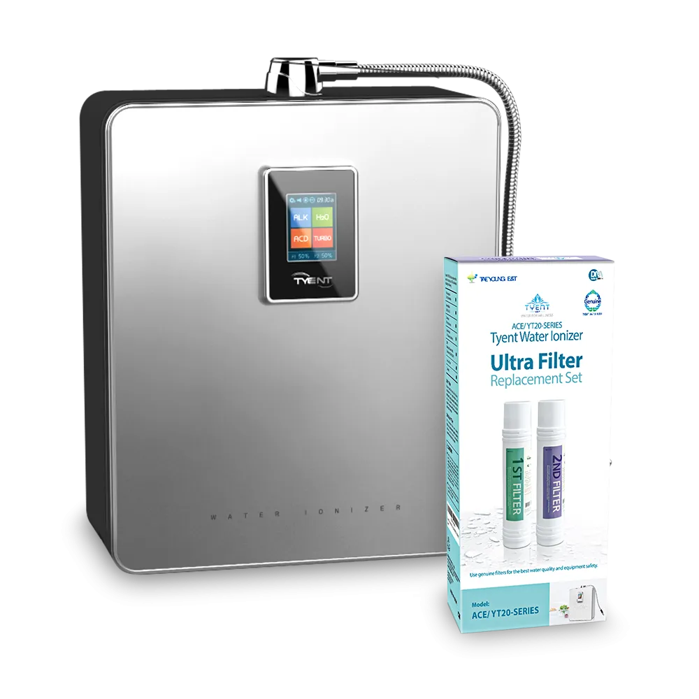 Tyent ACE/YT20 water ionizer shown with Ultra Filter replacement set box for 1st and 2nd filter cartridges