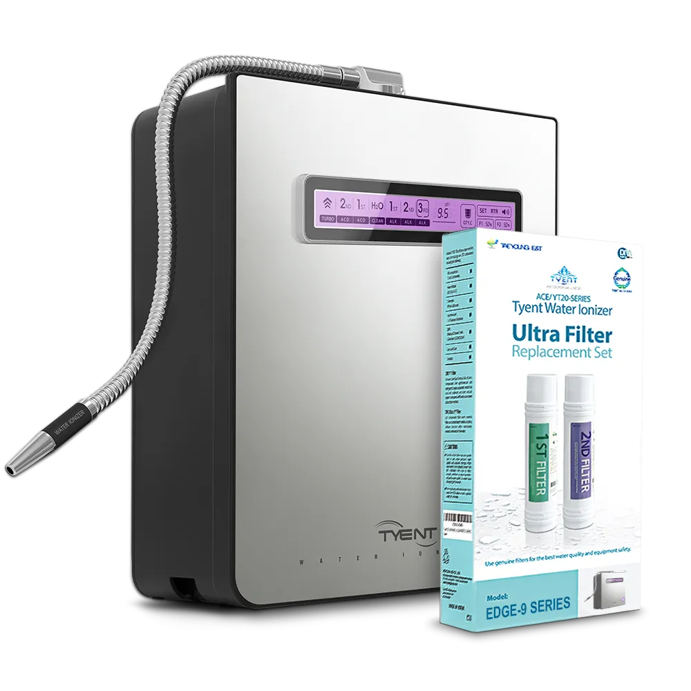 Tyent Edge-9 water ionizer shown with Ultra Filter replacement set box for 1st and 2nd filter cartridges