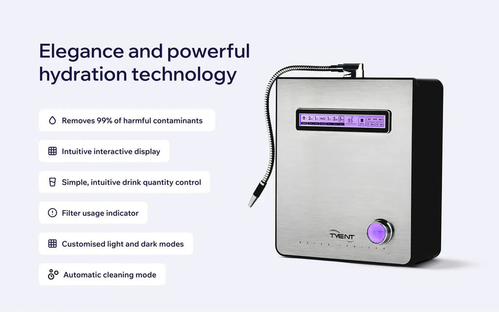 Tyent Edge 9000 hydration technology graphic with filter indicator, interactive display and cleaning mode features