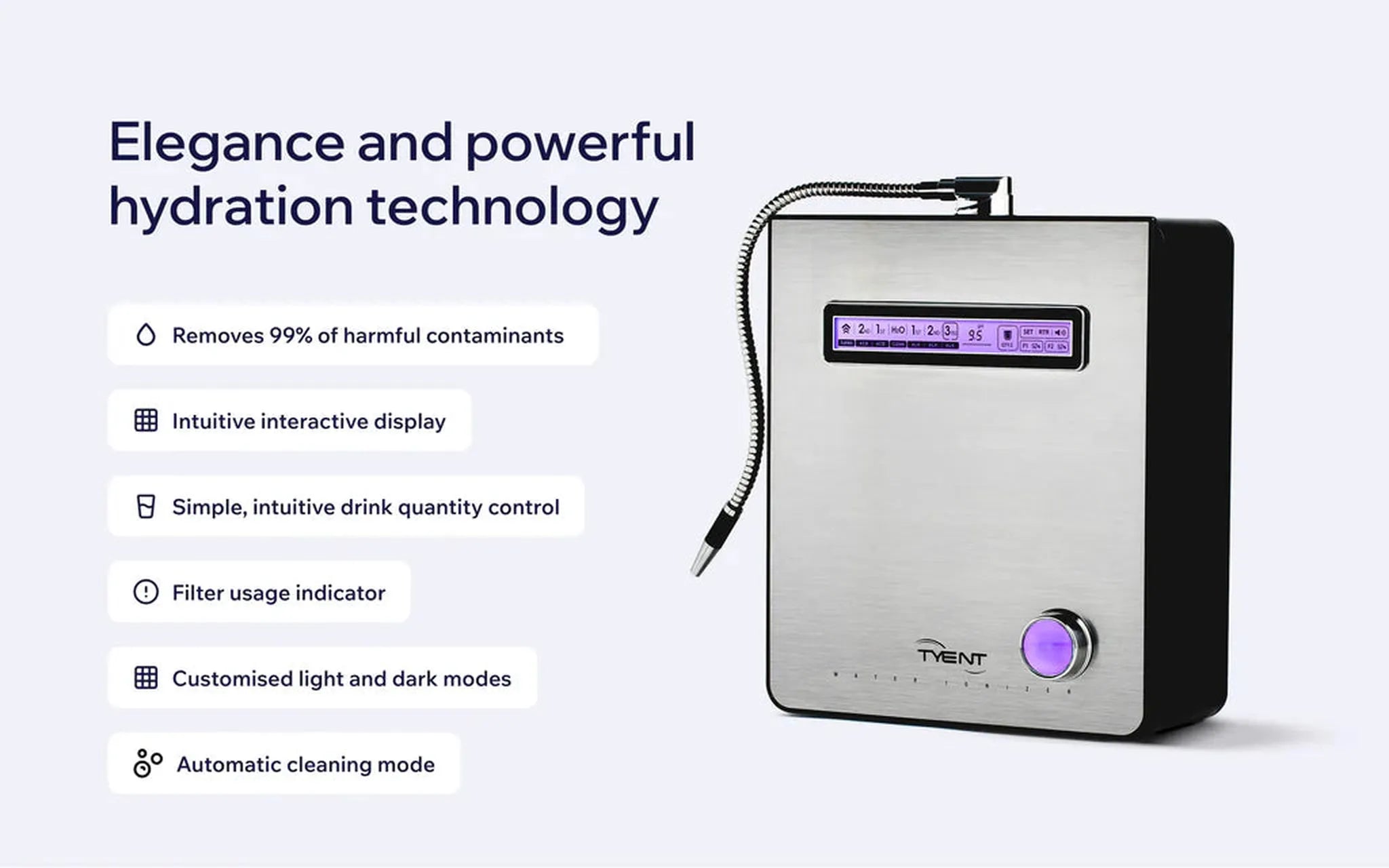 Tyent Edge 9000 hydration technology graphic with filter indicator, interactive display and cleaning mode features