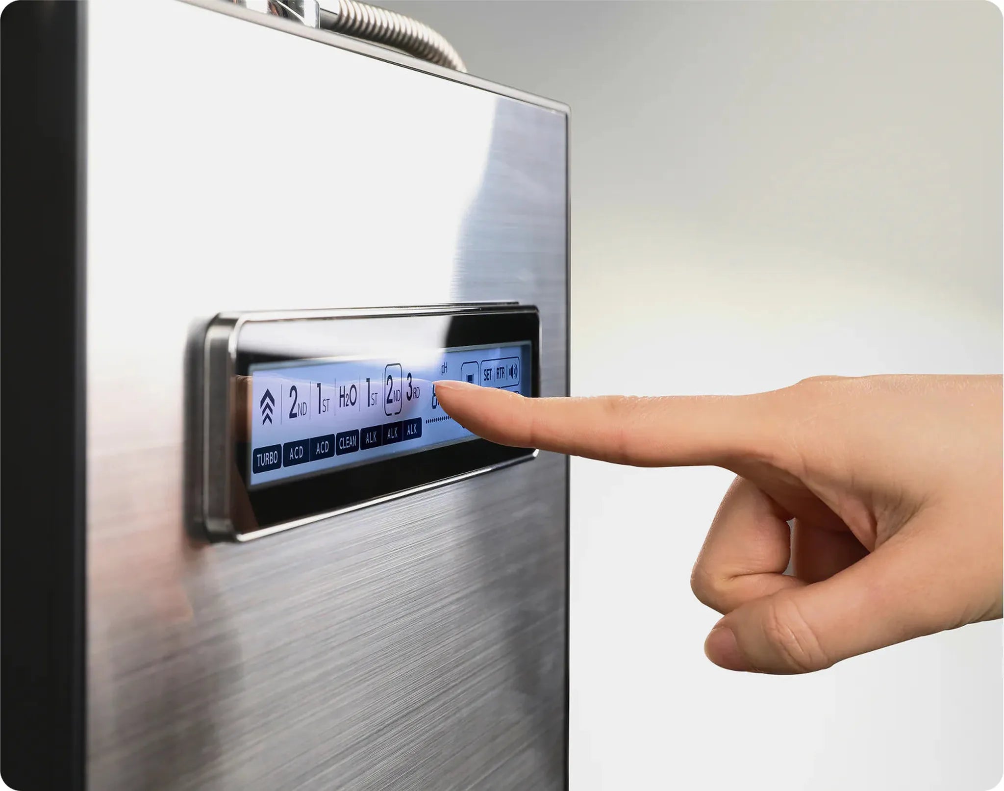 Tyent Edge 9000 one-touch screen control with finger selecting alkaline, clean and acidic water modes