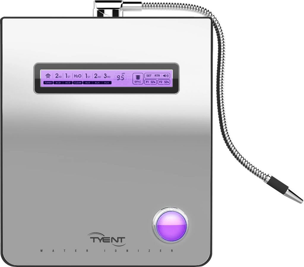 Tyent Edge 9000 stainless black water ionizer with front digital display and flexible dispenser hose