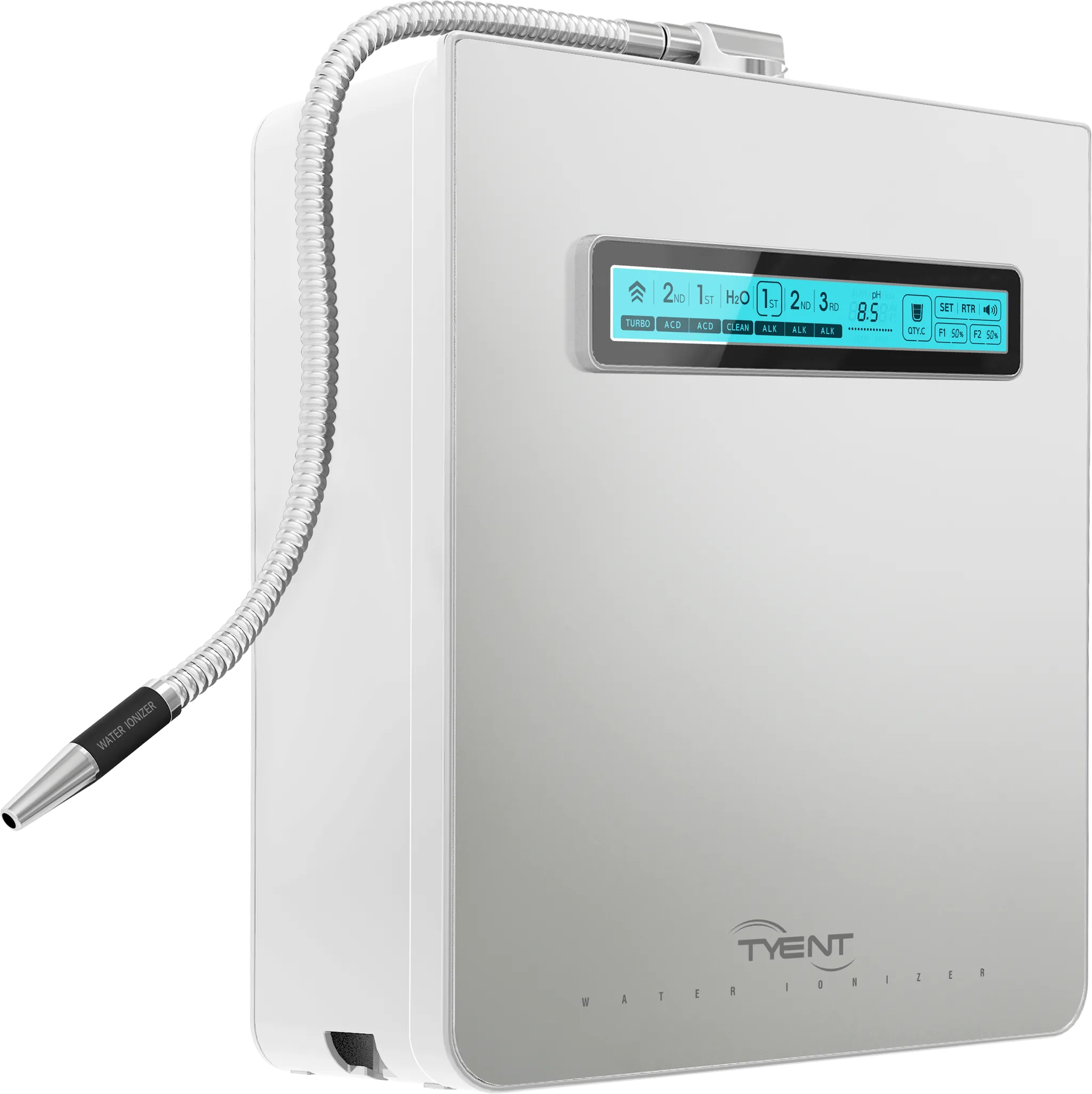 Tyent Edge 9000 white water ionizer side view with flexible stainless dispenser and digital display