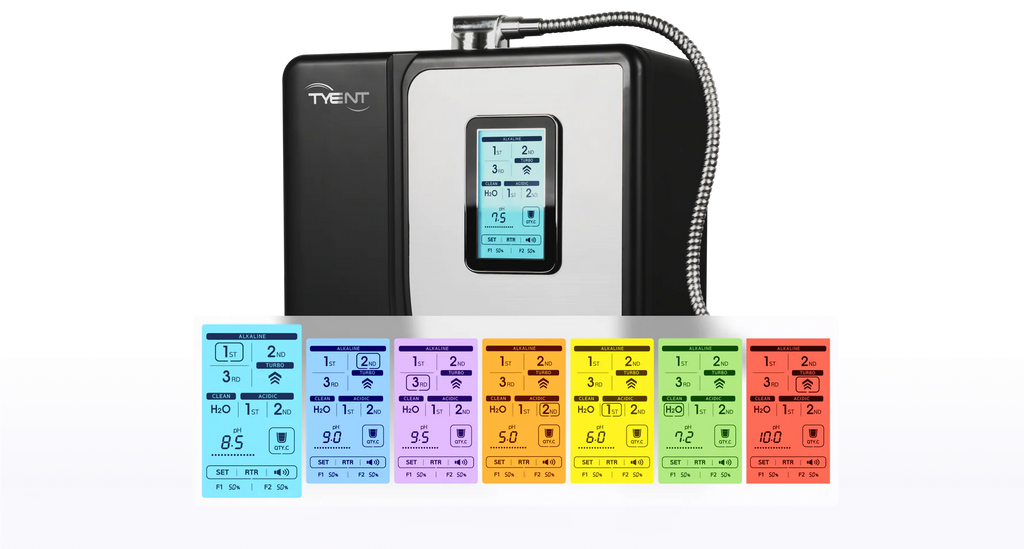 Tyent Hybrid backlit color touchscreen close-up showing alkaline water pH 9.5 setting
