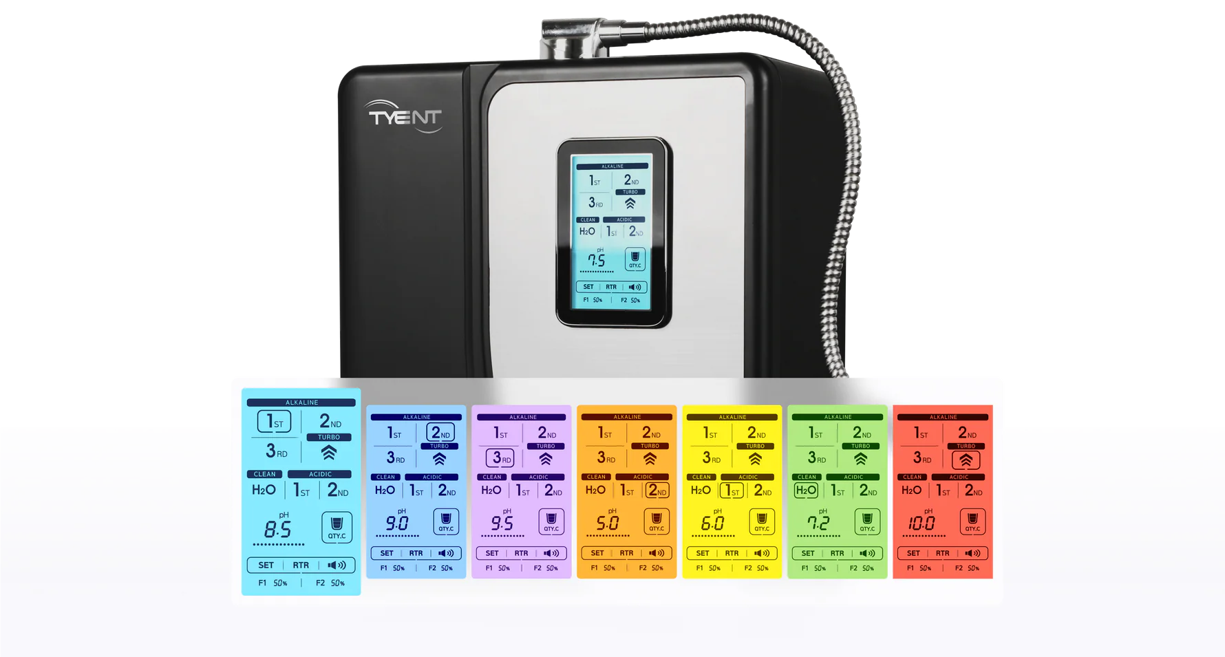 Tyent Hybrid backlit color touchscreen close-up showing alkaline water pH 9.5 setting
