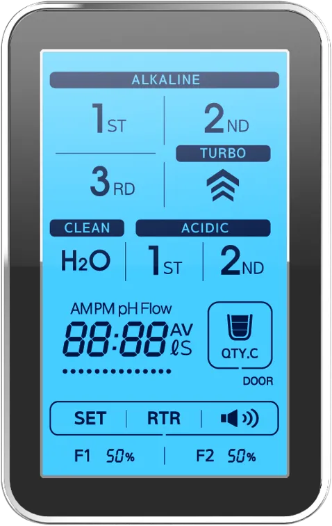 Tyent Hybrid color touchscreen display showing alkaline, acidic, clean, H2O, and filter indicators
