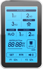 Tyent Hybrid color touchscreen display showing alkaline, acidic, clean, H2O, and filter indicators
