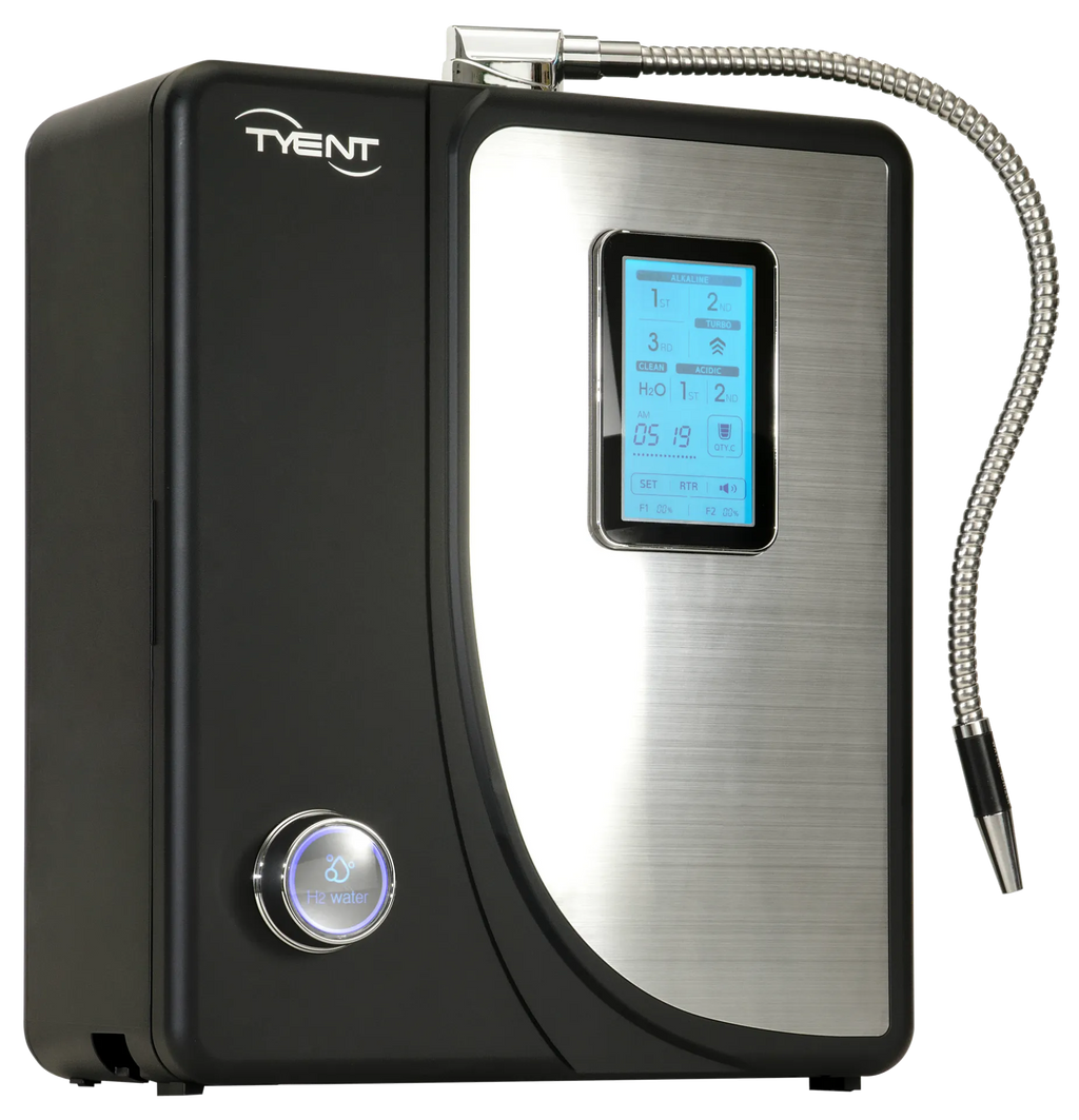Tyent Hybrid countertop alkaline water ionizer with stainless front panel and flexible spout
