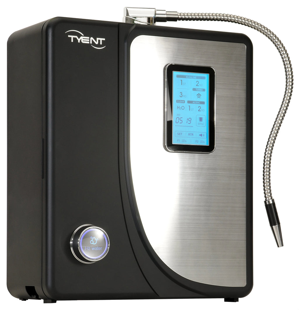 Tyent Hybrid countertop water ionizer product image with brushed stainless panel and H2 button
