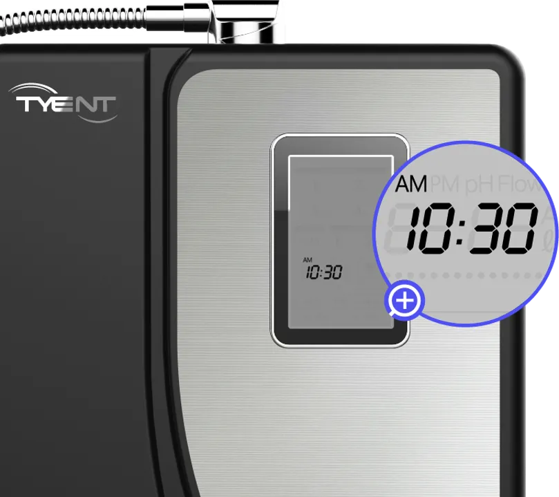 Tyent Hybrid ECO mode display close-up showing timer and touchscreen controls
