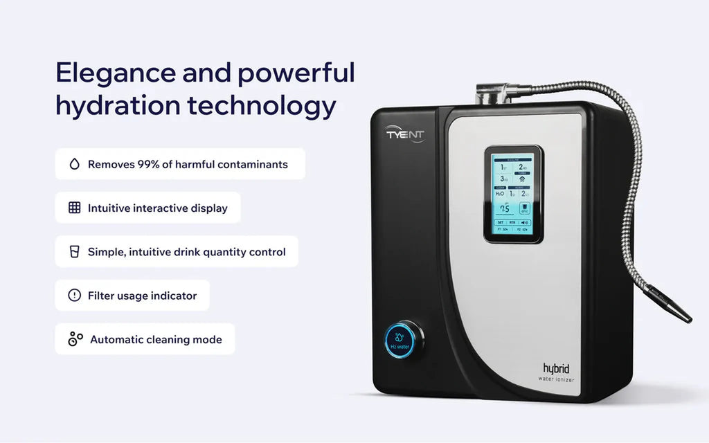 Tyent Hybrid water ionizer feature graphic highlighting touchscreen display, quantity control, and cleaning mode
