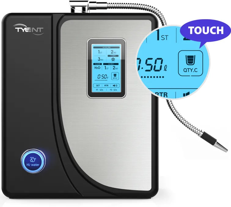 Tyent Hybrid water ionizer quantity control touchscreen with adjustable dispensing display