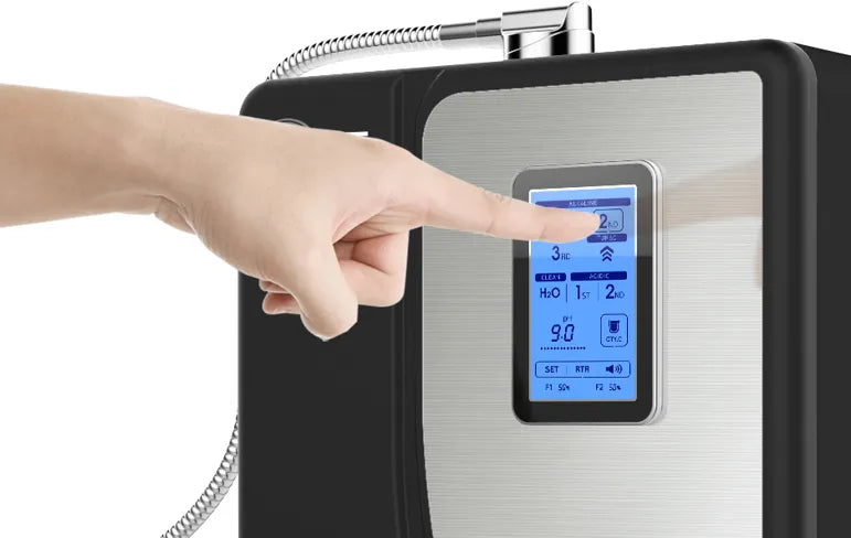 Tyent Hybrid touchscreen controls being used to select alkaline water mode on countertop ionizer
